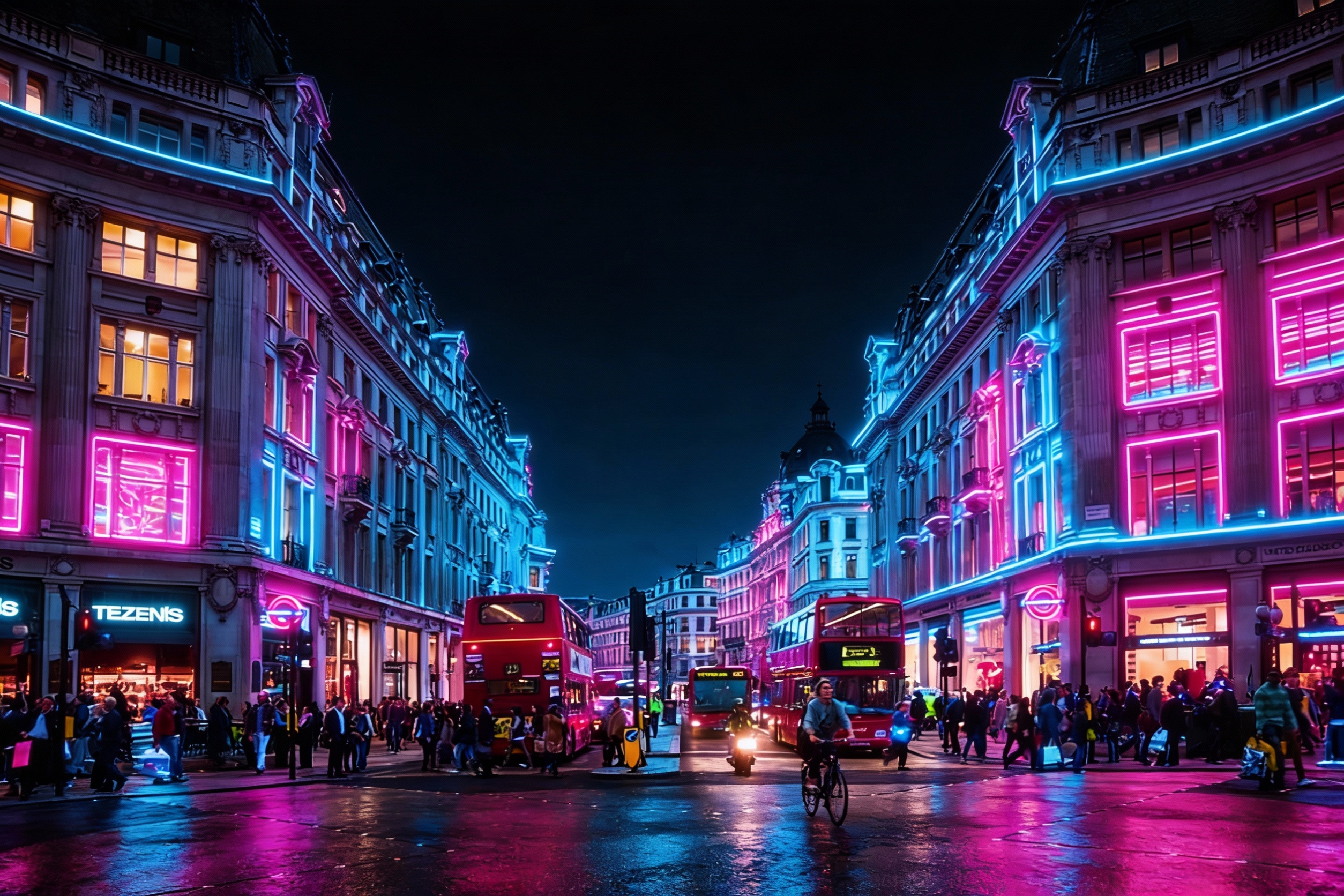 Keep the original photo composition, transform the scene so it is filled with vibrant neon lights, night-time atmosphere, cinematic lighting, glowing neon signs and accents, strong colour contrast, reflections on surfaces, realistic night photography, moody ambience, cyberpunk-inspired colour tones, high detail, sharp focus, 4k quality