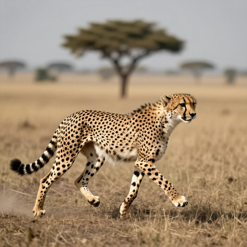 Cheetah running across savanna in dramatic slow motion