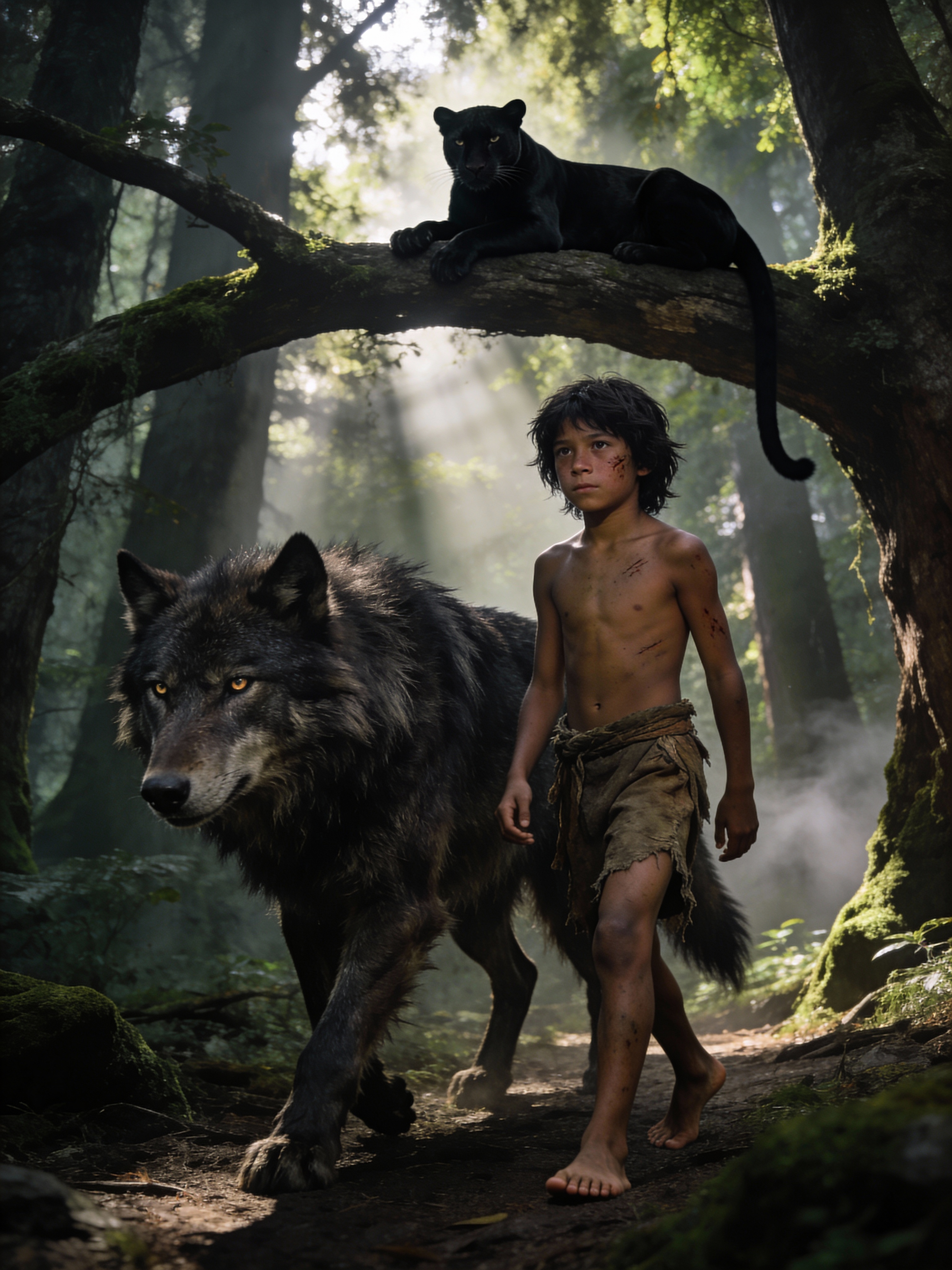Super slow motion video. a dark-haired 12-year-old boy walking confidently through a deep ancient forest beside a massive alpha wolf, the boy looks like a wild modern Mowgli, minimally dressed in rough natural fabrics, barefoot, slightly dirty skin and face, subtle scratches, calm fearless expression, strong but lean body, the alpha wolf is large, muscular, majestic, thick dark fur, intelligent piercing eyes, walking protectively next to the boy, in the background high on a thick tree branch a black panther is lying calmly, watching silently, powerful and elegant silhouette, dense forest with towering trees, moss-covered trunks, deep shadows, light fog, dramatic sun rays breaking through the canopy, cinematic lighting, ultra-detailed, hyper-realistic, epic atmosphere, raw nature, strength and silent bond between human and beasts, dark green and earthy tones, high contrast, shallow depth of field, epic fantasy realism --ar 51:91 --motion low --video 1