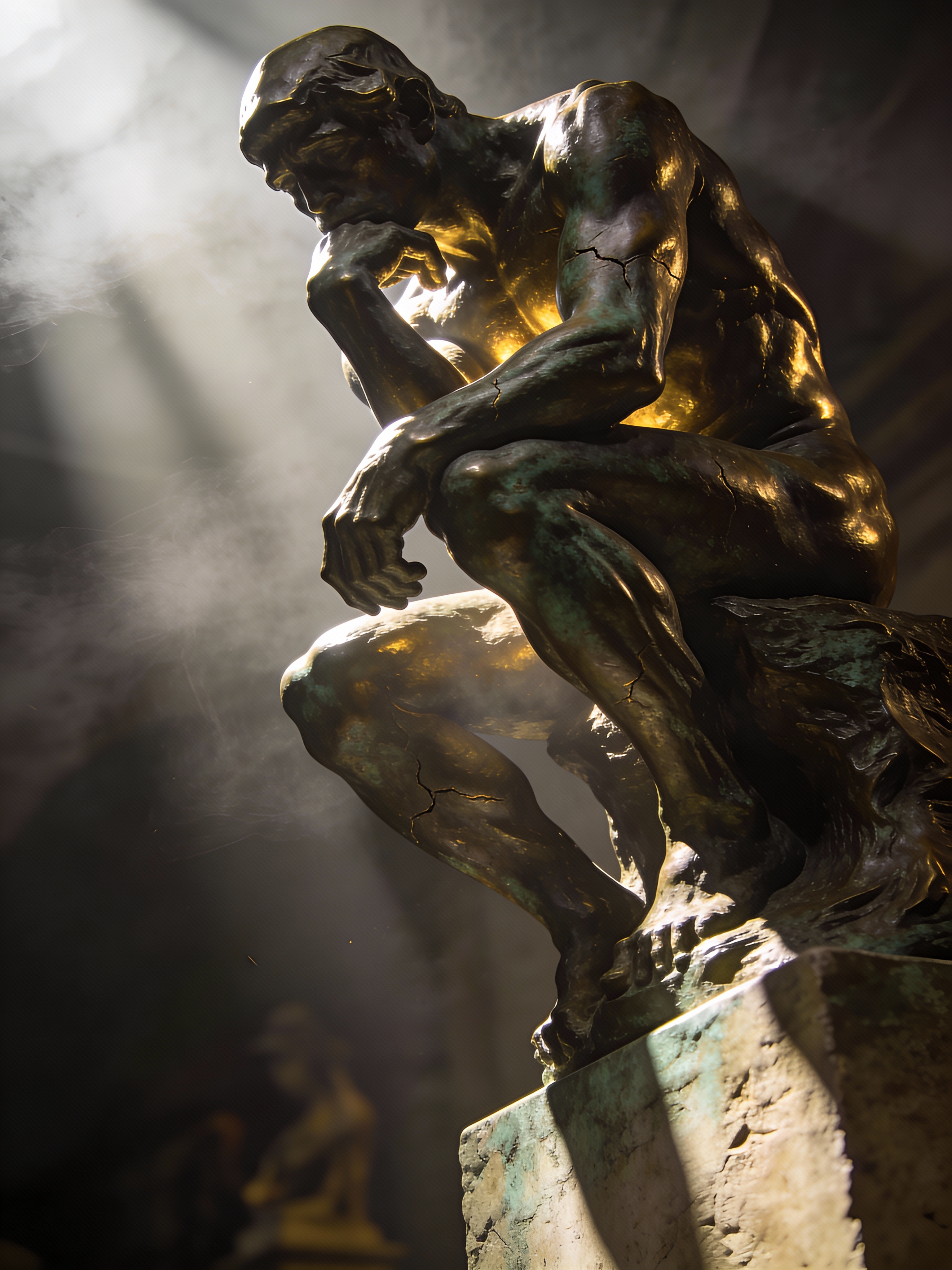 The Thinker statue by Auguste Rodin coming to life, slowly standing up from its iconic seated pose, muscles carved from bronze flexing realistically, cracks of ancient patina glowing softly, dramatic cinematic lighting, low-angle shot, epic scale, hyper-realistic bronze texture, subtle reflections, deep shadows, volumetric light rays cutting through mist, philosophical and powerful atmosphere, timeless and monumental feeling, dark moody background, ultra-detailed anatomy, 8K resolution, cinematic depth of field, film still, masterpiece, high contrast, artstation quality