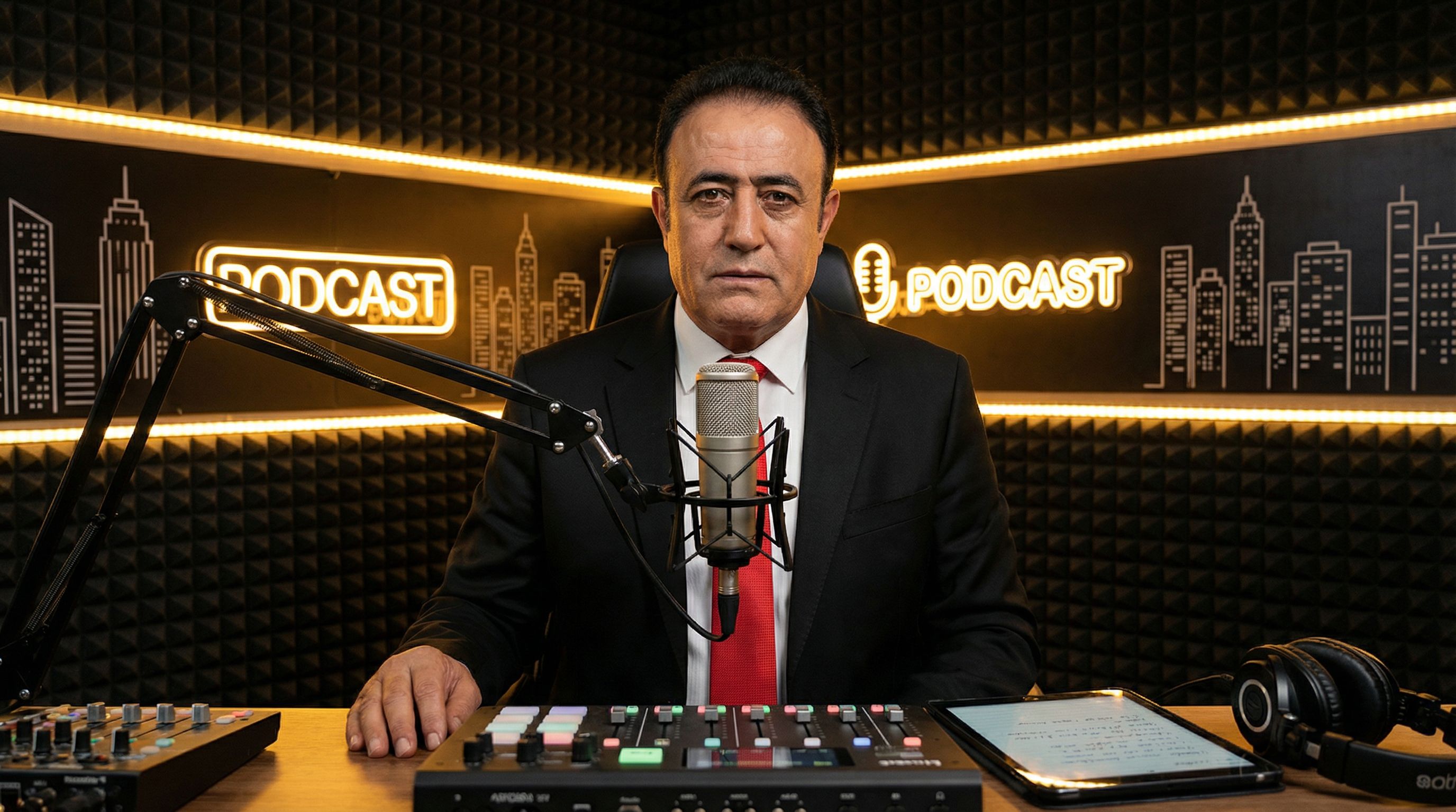 karakter podcast studyosunda olsun kamera tam karsidan baksin,