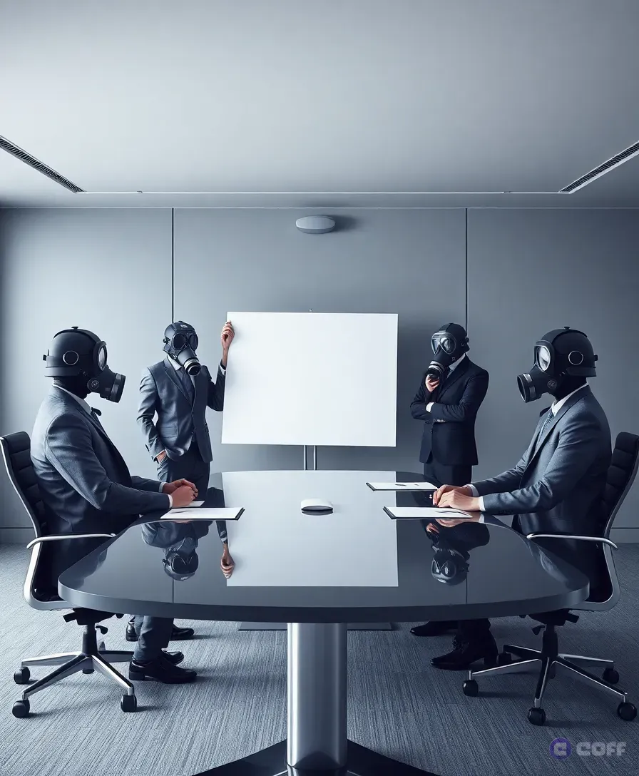 Business meeting scene, six figures in suits and gas masks around conference table, one standing presenting blank chart, grey corporate interior, surrealist photography