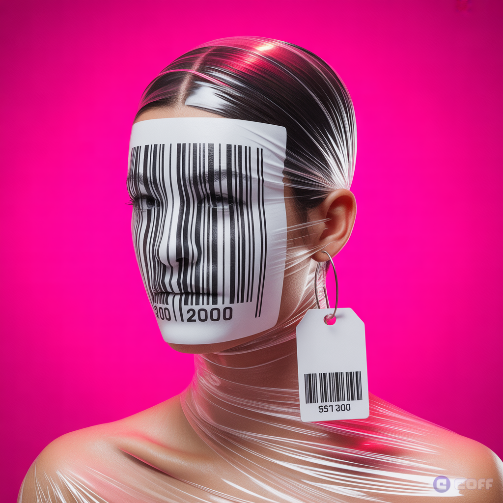 Portrait of figure with giant barcode across face, price tag hanging from ear like earring, plastic wrap around head, consumer identity surrealism, hot pink background, satirical fashion photography