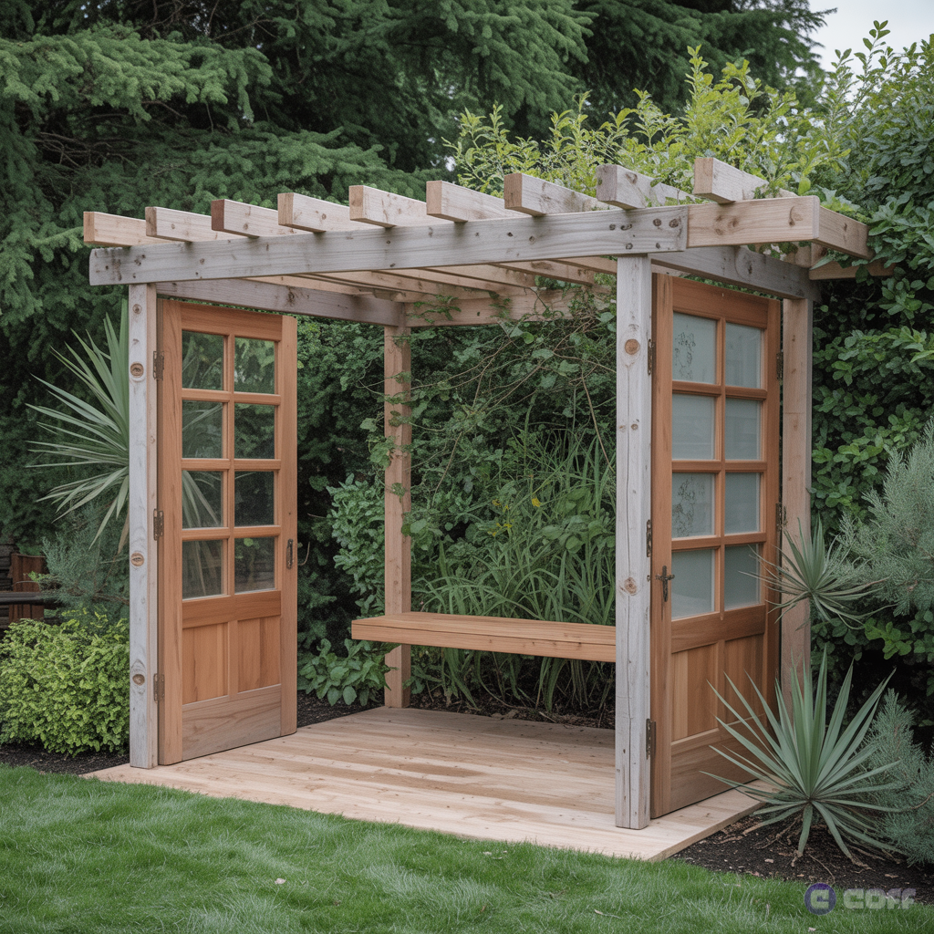 a garden with a custom-built arbour, using repurposed scaffolding boards, 4 interior doors with each having 4 x square glass panels in them, and a small bench inside the perimeter of the structure.