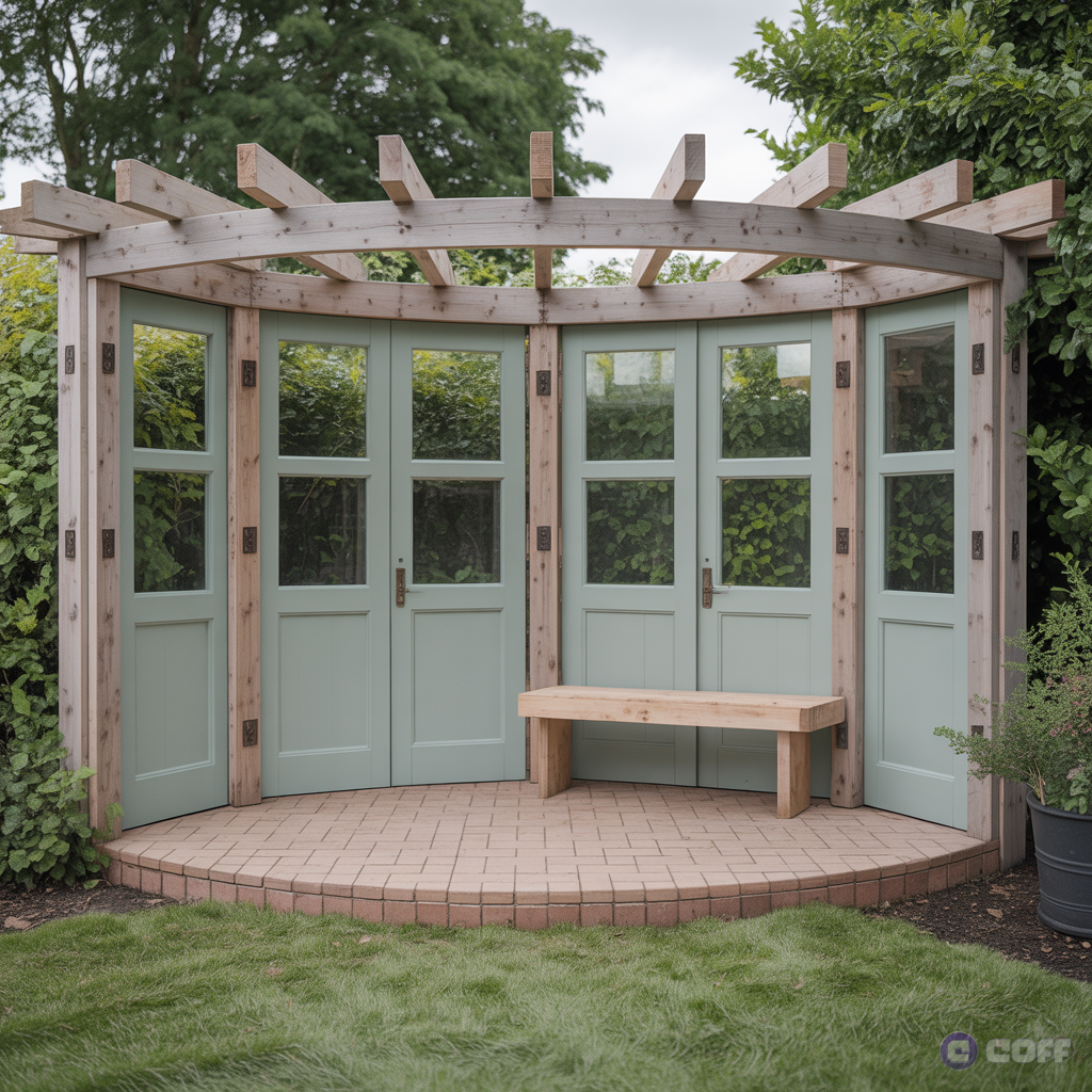 a garden with a custom-built arbour, using repurposed scaffolding boards, 4 interior doors with each having 4 x square glass panels in them, and a small bench inside the perimeter of the structure. the 4 x doors should be side by side, creating a curved wall. painted pale green and sanded down to appear weathered