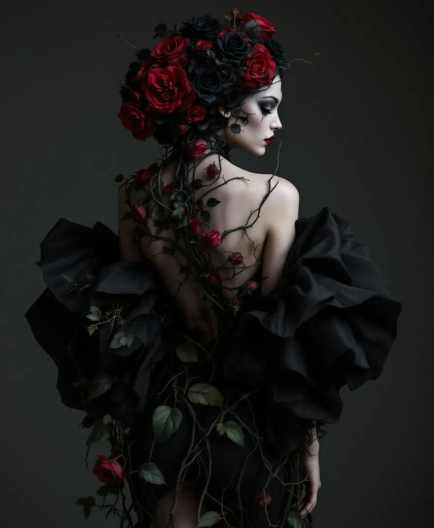 Model in sculptural black dress, her skin sprouting dark roses and thorny vines in an organic metamorphosis, gothic romance aesthetic, Tim Walker meets Hieronymus Bosch, fashion editorial, 8k, hyperdetailed