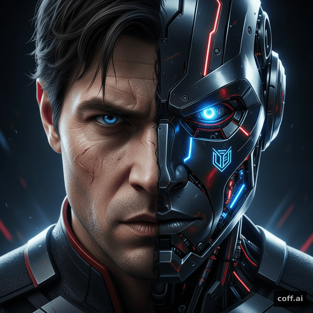 Close-up portrait of a superhero-like entity, half human and half robotic, split perfectly down the middle. One side is human with realistic skin texture, sharp facial features, intense eyes, and a powerful expression. The other side is futuristic robotic with advanced metal plating, glowing neon circuits, exposed mechanical details, and cybernetic elements. Cinematic dramatic lighting, high contrast, ultra-detailed, hyper-realistic, sharp focus, dark minimal background. Symmetrical face, epic sci-fi atmosphere, modern superhero aesthetic, profile-picture composition, 1:1 ratio.